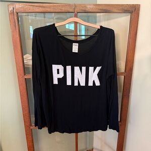 Victoria's Secret PINK Black Long-sleeve Campus Tee w/ White Logo - Size Large